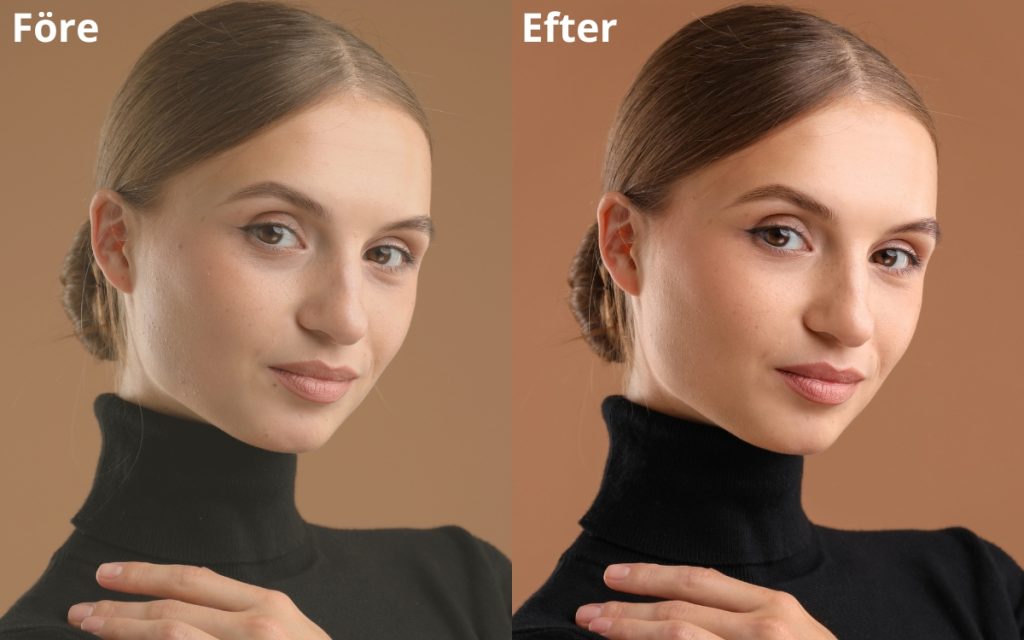 Bilder före och efter hudretusch av kvinna i svart polotröja
